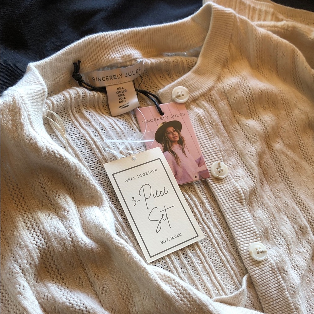 Sincerely Jules 3 piece Cream Button-Up Cardigan, Camisole and Pants